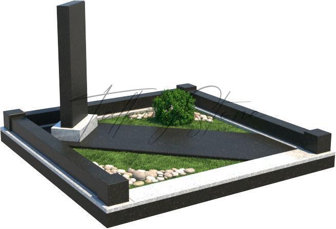 Мемориальный комплекс из стелы с черной плиткой и газоном